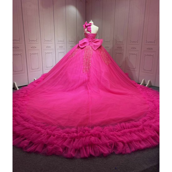 Mumuleo Fuchsia Sweet 16 Dress Vestido 15 Aos Con Cola Desmontable Vestidos De Quinceaneras Ball Gown Prom Dress with Long Train