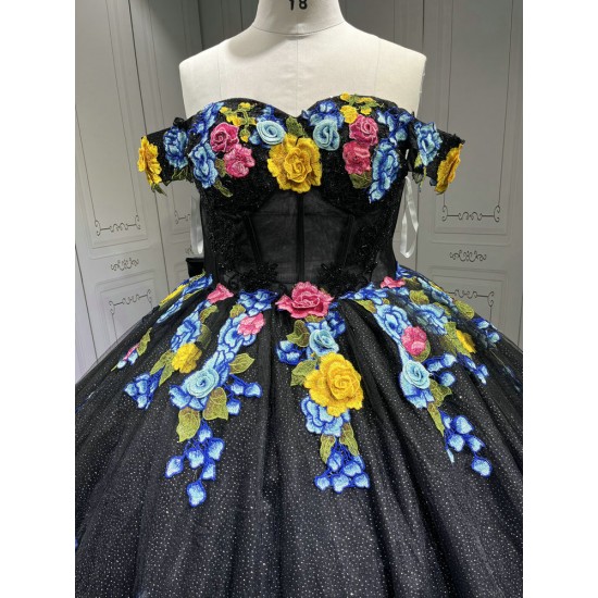 Floral Black Quinceanera Dresses With Flowers Vestidos De Fiesta Prom Dresses Vestidos De 15 Anos Quinceanera 2025