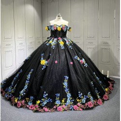 Floral Black Quinceanera Dresses With Flowers Vestidos De Fiesta Prom Dresses Vestidos De 15 Anos Quinceanera 2025