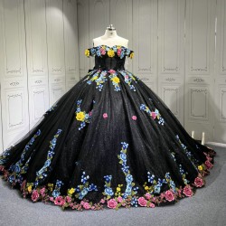 Floral Black Quinceanera Dresses With Flowers Vestidos De Fiesta Prom Dresses Vestidos De 15 Anos Quinceanera 2025