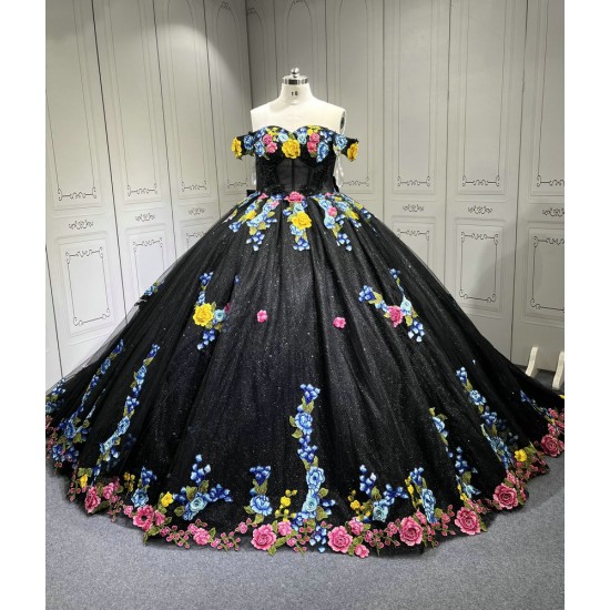 Floral Black Quinceanera Dresses With Flowers Vestidos De Fiesta Prom Dresses Vestidos De 15 Anos Quinceanera 2025