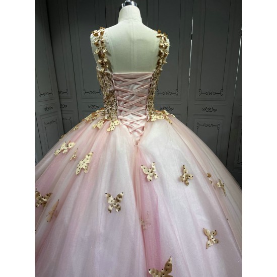Pink With Rose Gold Butterfly Quinceanera Dresses Ball Gown Vestidos De 15 Aos De Quinceaera Deademas De Quinceaeras