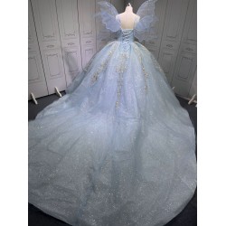 2025 Sky Blue Quince Dress Sleeveless Girl Sweet 15 Gowns Shiny Sequin Birthday Party Dress With Bow
