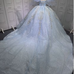 2025 Sky Blue Quince Dress Sleeveless Girl Sweet 15 Gowns Shiny Sequin Birthday Party Dress With Bow