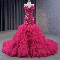 A Line Fuchsia Evening Dresses Mermaid Prom Party Dress Ruffled Sleeveless Women Gowns Formal Party Dress Customized