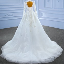 A Line Wedding Dresses Long Sleeve Bridal Gown Simple Satin Floor length Bride Dresses Vestidos De Novia