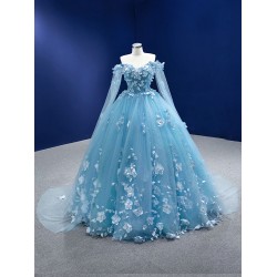 Cape Sleeve Ice Blue Prom Dresses 3D Flowers Formal Party Dress Special Occasion Gowns For Women