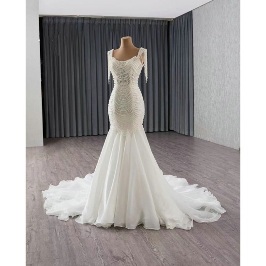 Chandelier Sleeve Mermaid Wedding Dresses For Women 2024 Pearl Bridal Gown Luxury Vestido De Novias