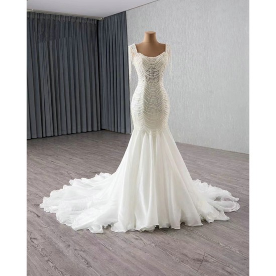 Chandelier Sleeve Mermaid Wedding Dresses For Women 2024 Pearl Bridal Gown Luxury Vestido De Novias