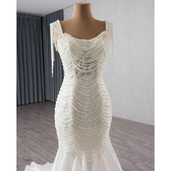 Chandelier Sleeve Mermaid Wedding Dresses For Women 2024 Pearl Bridal Gown Luxury Vestido De Novias
