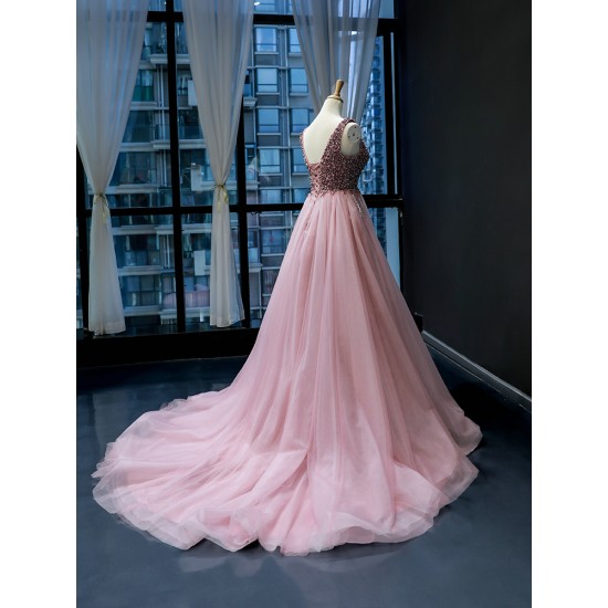Crystal Pink Evening Dresses Women 2024 Exquisite Sleeveless Vestido De Fiesta V Neck Wedding Party Gown Formal