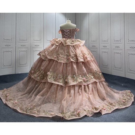 Crystals Pink Quinceanera Dresses 3D Flowers Appliques Sweetheart Neck Sequin Bling Custom Made Vestido De 15 Anos