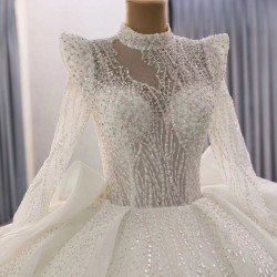 Customized Long Sleeve Wedding Dress For Glitter Crystal Women Bridal Gown High Neck Ball Gown Robe De Mariee