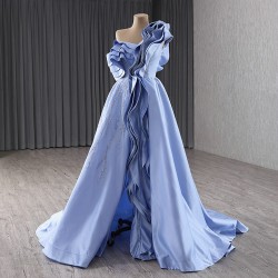 Customized A Line Evening Dress Misty Blue Color Long Prom Dresses For Women Pleated Formal Party Gowns