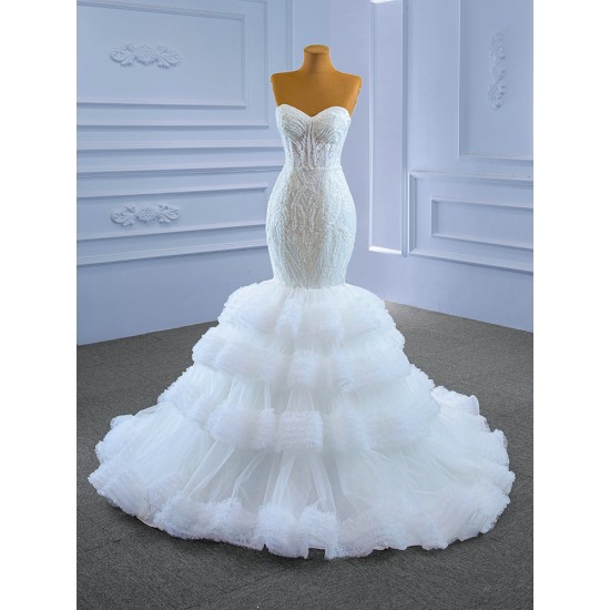 Detachable Sleeve Mermaid Wedding Dresses Ruffled Bridal Dresses Beading Vestidos De Novia
