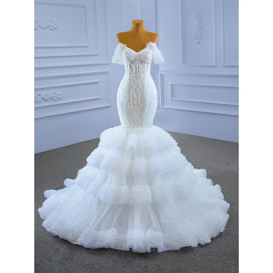 Detachable Sleeve Mermaid Wedding Dresses Ruffled Bridal Dresses Beading Vestidos De Novia