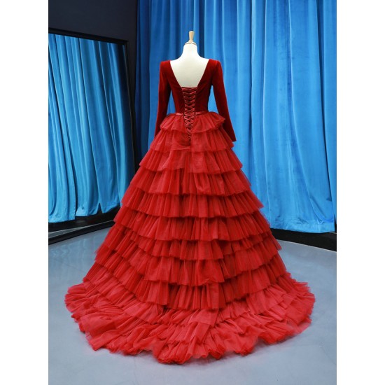 Elegant Red Long Prom Dresses For Women 2024 Tiered Evening Party Gowns Long Sleeve Vestidos De Gala