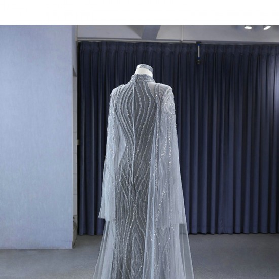 Gray Women Prom Dresses Long Sleeve Sequin Evening Dress Formal Wedding Occasion Gowns