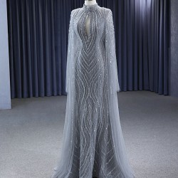 Gray Women Prom Dresses Long Sleeve Sequin Evening Dress Formal Wedding Occasion Gowns