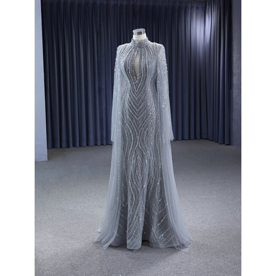Gray Women Prom Dresses Long Sleeve Sequin Evening Dress Formal Wedding Occasion Gowns