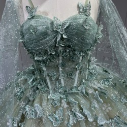 Green On Champagne Quince Dress Multi Vestidos De XV Anos 3D Butterfly Sweet 15 Gowns With Cape