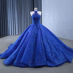 Halter Neck Blue Quinceanera Dress 2024 Beading Sleeveless Evening Dress For Women Custom Made