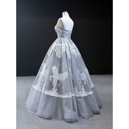 Lace Appliques Gray Blue Prom Dresses Deep Sleeveless Women Evening Prom Party Gown Black Girls A Line