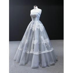 Lace Appliques Gray Blue Prom Dresses Deep Sleeveless Women Evening Prom Party Gown Black Girls A Line