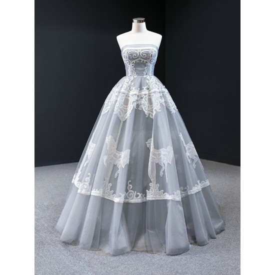 Lace Appliques Gray Blue Prom Dresses Deep Sleeveless Women Evening Prom Party Gown Black Girls A Line