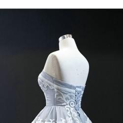 Lace Appliques Gray Blue Prom Dresses Deep Sleeveless Women Evening Prom Party Gown Black Girls A Line