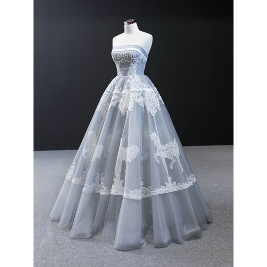 Lace Appliques Gray Blue Prom Dresses Deep Sleeveless Women Evening Prom Party Gown Black Girls A Line