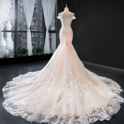 Lace Appliques Light Pink Evening Dresses Dubai Nude Mermaid Elegant Off Shoulder Arabia Formal Occasion Gowns 2024 For Women Party