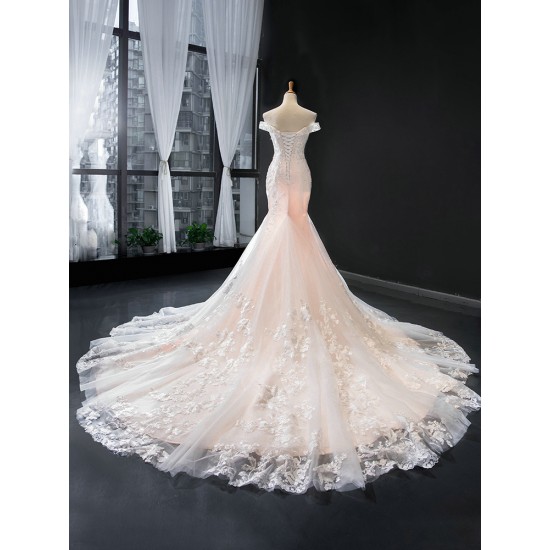 Lace Appliques Light Pink Evening Dresses Dubai Nude Mermaid Elegant Off Shoulder Arabia Formal Occasion Gowns 2024 For Women Party