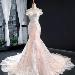 Lace Appliques Light Pink Evening Dresses Dubai Nude Mermaid Elegant Off Shoulder Arabia Formal Occasion Gowns 2024 For Women Party