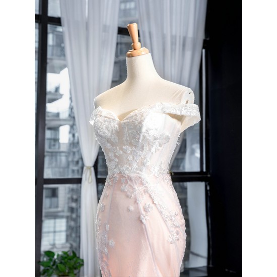 Lace Appliques Light Pink Evening Dresses Dubai Nude Mermaid Elegant Off Shoulder Arabia Formal Occasion Gowns 2024 For Women Party