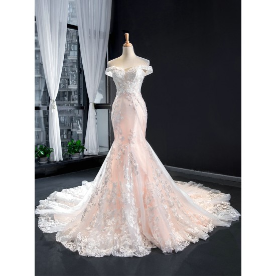 Lace Appliques Light Pink Evening Dresses Dubai Nude Mermaid Elegant Off Shoulder Arabia Formal Occasion Gowns 2024 For Women Party