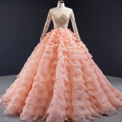 Long Sleeve Peach Pink Quinceanera Dress 2024 Tiered Vestidos De 15 Anos Lace Appliques Evenning Party Gown