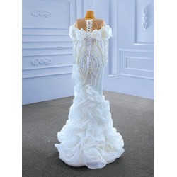 Long Sleeve Pearls Wedding Dress Ruffled Lace Up Custom Made Gown Mermaid Bridal Gown Robe De Mariee