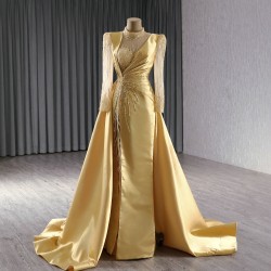 Luxury Gold Evening Dress Long Sleeve Mermaid Two In One Formal Prom Party Clothing