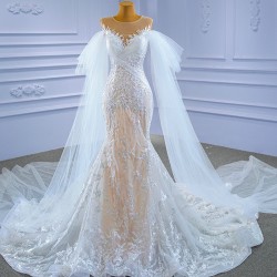 Mermaid Wedding Dress Sleeveless Bridal Gown Cape Sleeve Princess Bride Gown Vestido De Noiva