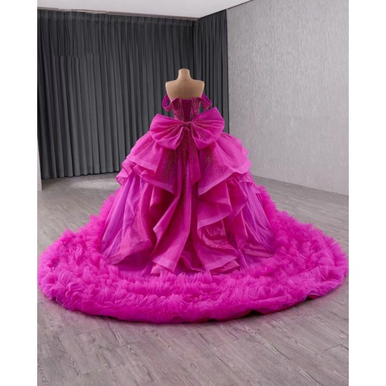 Off Shoulder Vestidos De XV Anos Hot Pink Quinceanera Dress Women Girl 2024 Ball Gown With Bow