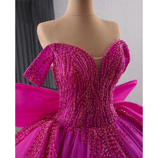 Off Shoulder Vestidos De XV Anos Hot Pink Quinceanera Dress Women Girl 2024 Ball Gown With Bow