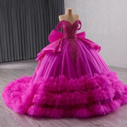 Off Shoulder Vestidos De XV Anos Hot Pink Quinceanera Dress Women Girl 2024 Ball Gown With Bow