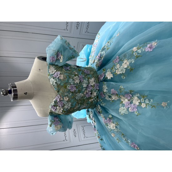 Off Shoulder Ice Blue Quinceanera Dresses 3D Flowers Appliques Sweet 15 Gowns Vestidos De 15 Anos With Bow