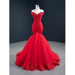 Off Shoulder Red Prom Dresses Lace Appliques Off Shoulder Long Formal Evening Dress Customized