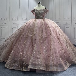 Off Shoulder Rose Gold Quinceanera Dresses Strapless Sequin Lace Up Vestidos De Baile Custom Made
