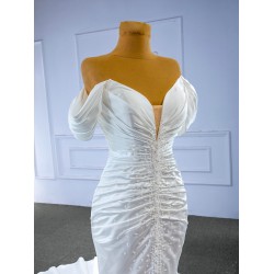 Off Shoulder Satin Wedding Dress for Bride V Neck Backless Pearl Bridal Gowns Vestido de novia 2024