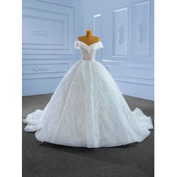 Off Shoulder Wedding Dress Sexy V Neck Sequin Backless Sweep Train Wedding Gown