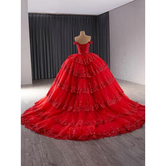 Princess Ball Gown Red Quinceanera Dress Lace Applique Sweet 16 Gown Off Shoulder Birthday Vestido De 15 Anos