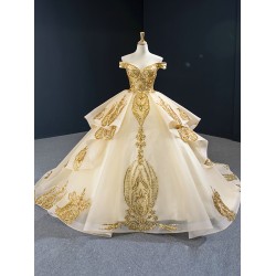 Princess Champagne Quinceanera Dress Lace Applique Sequin Sweet 16 Gown Off Shoulder Birthday Vestido De 15 Anos